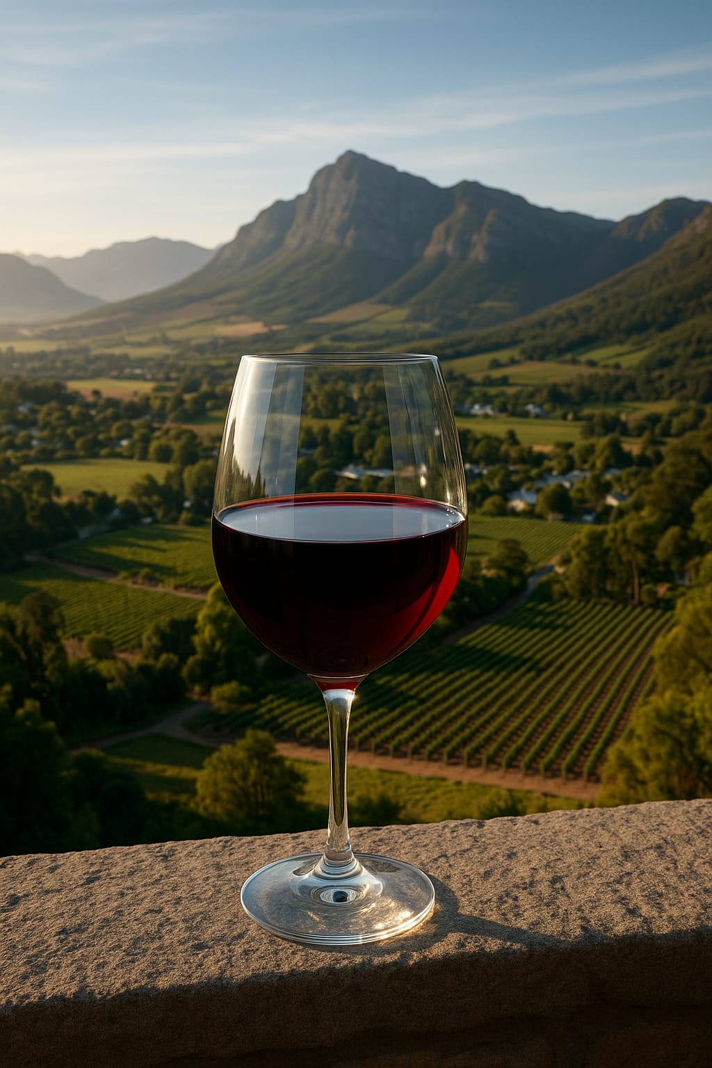 A glass of red wine overlooking the Franschhoek valley in the Cape Winelands